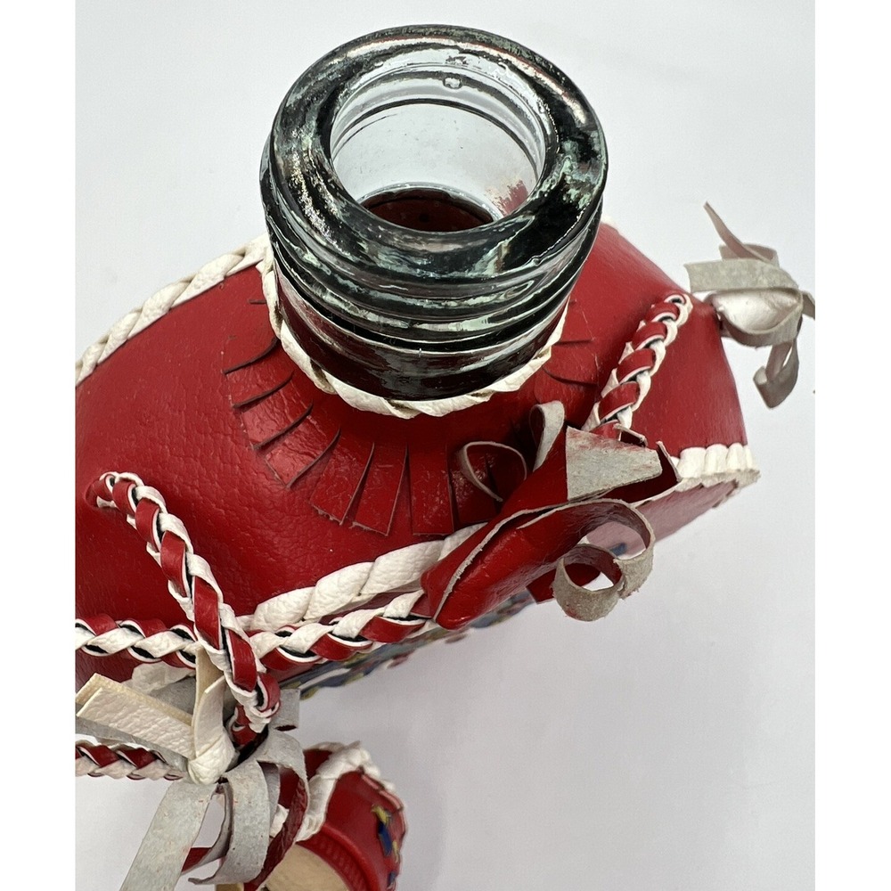 Vintage Leather Wrapped Decanter Bottle Hearts Red Folk Art Braid Art - Picture 7 of 11